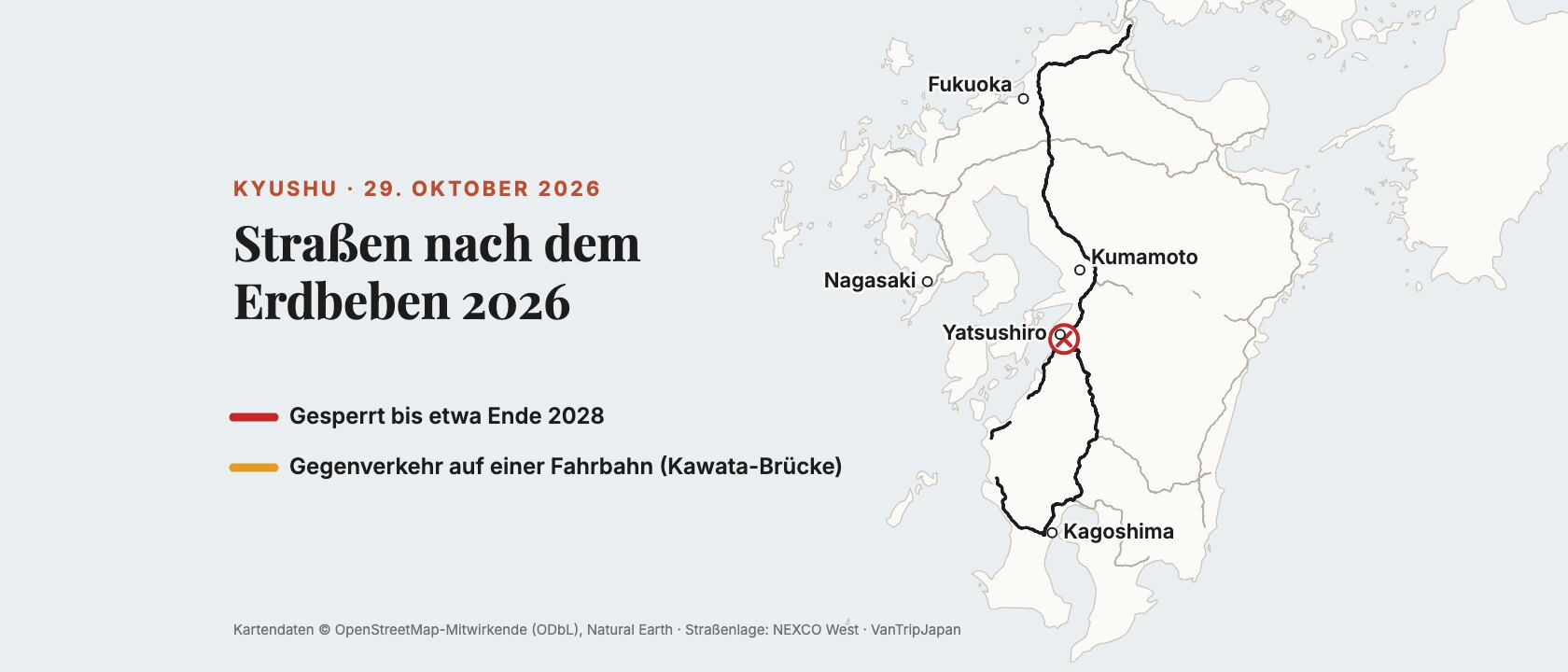 Erdbeben in Kumamoto 2026: Straßenlage auf Kyushu und Umleitung Yatsushiro