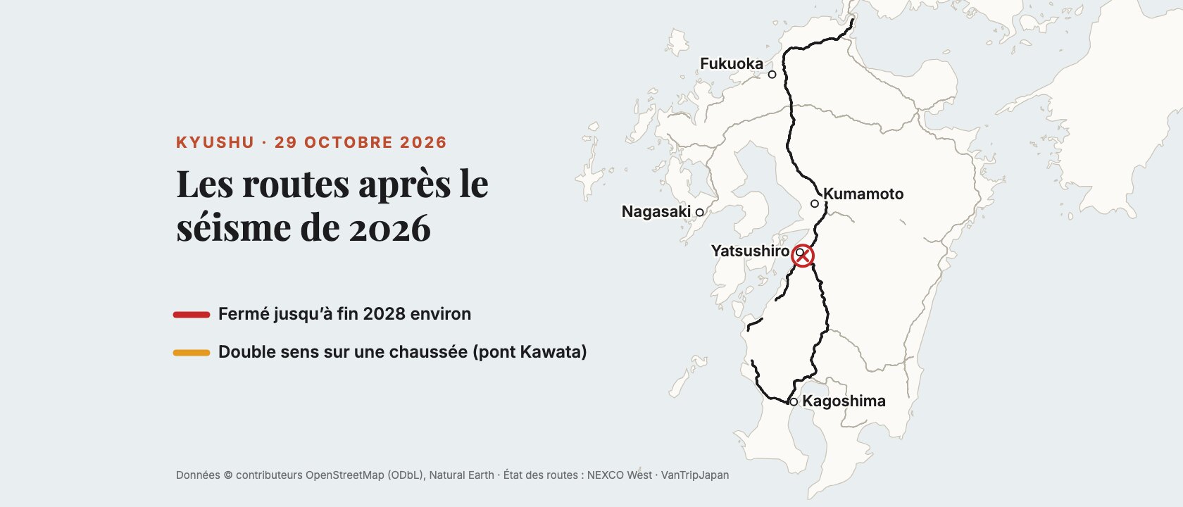 Séisme de Kumamoto 2026 : état des routes de Kyushu et détour de Yatsushiro