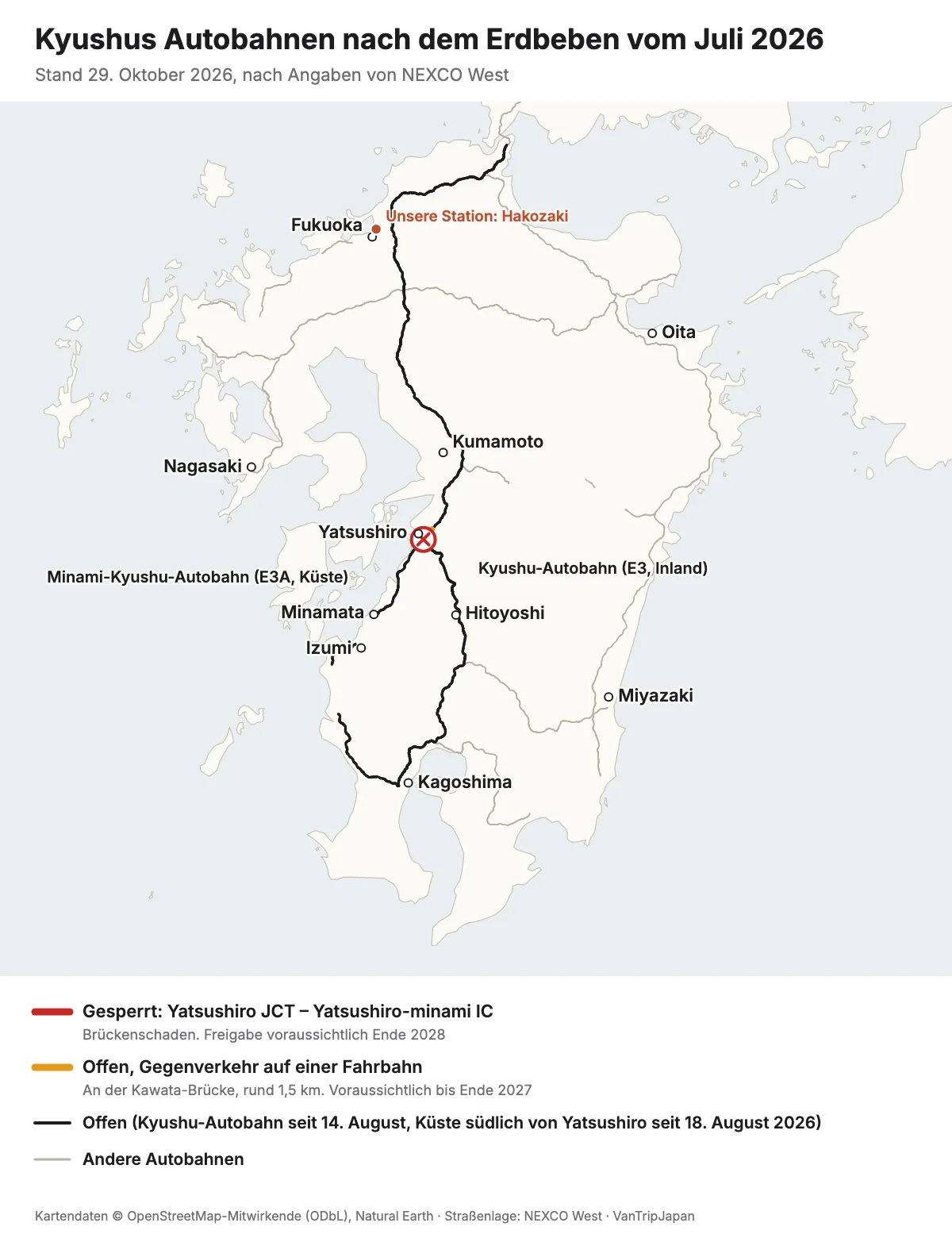 Karte der Autobahnen auf Kyushu im Oktober 2026: Kyushu-Autobahn von Fukuoka bis Kagoshima offen, Küstenautobahn zwischen Yatsushiro JCT und Yatsushiro-minami IC gesperrt