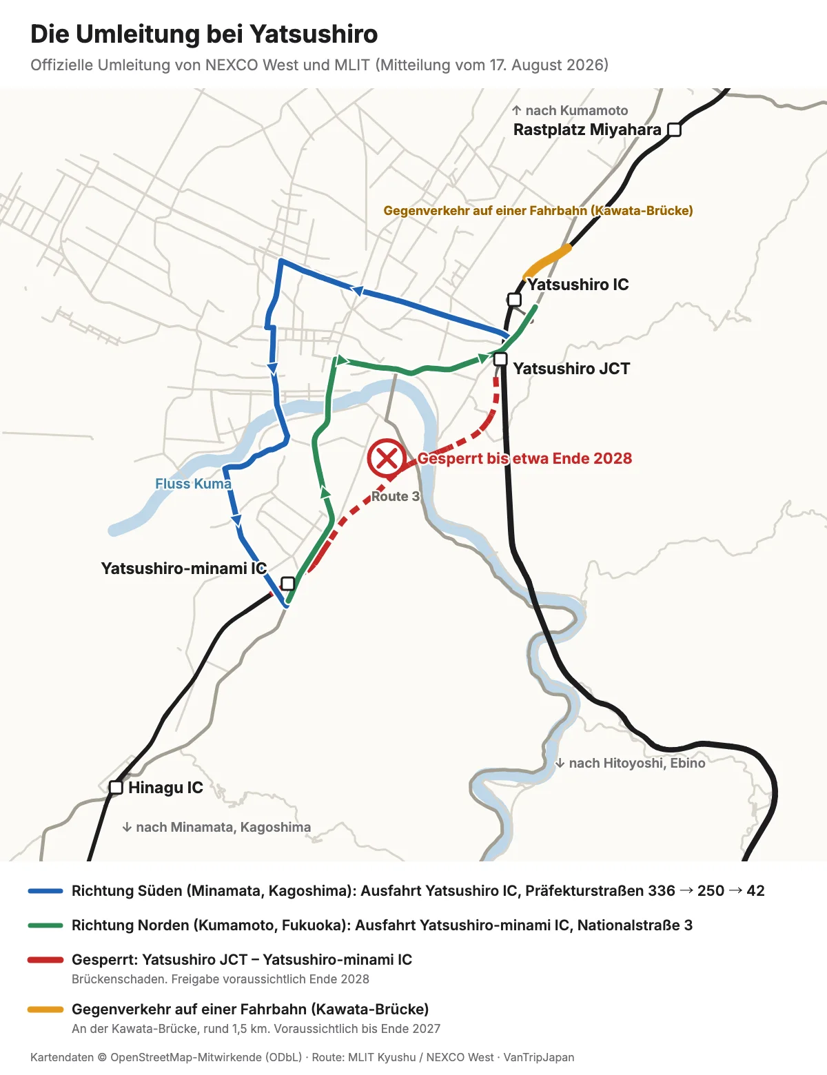 Karte der Umleitung bei Yatsushiro: Richtung Süden über die Präfekturstraßen 336, 250 und 42, Richtung Norden über die Nationalstraße 3