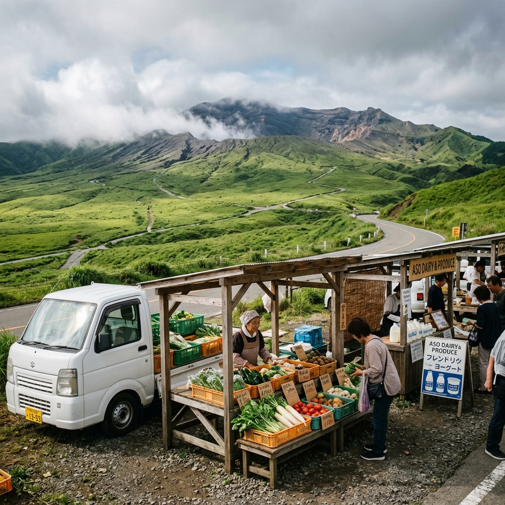 Aso volcanic highlands farmers market with Mount Aso in the background