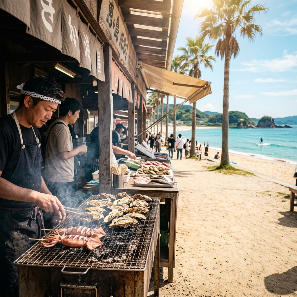 Itoshima beachside seafood market with grilled oysters and palm trees