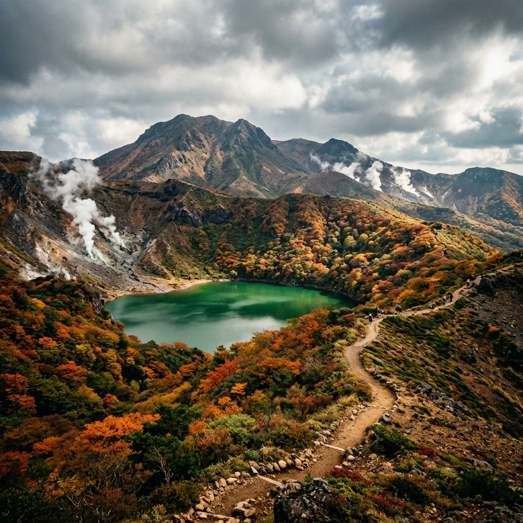 Kirishima volcanic crater lake with autumn foliage and hiking trail