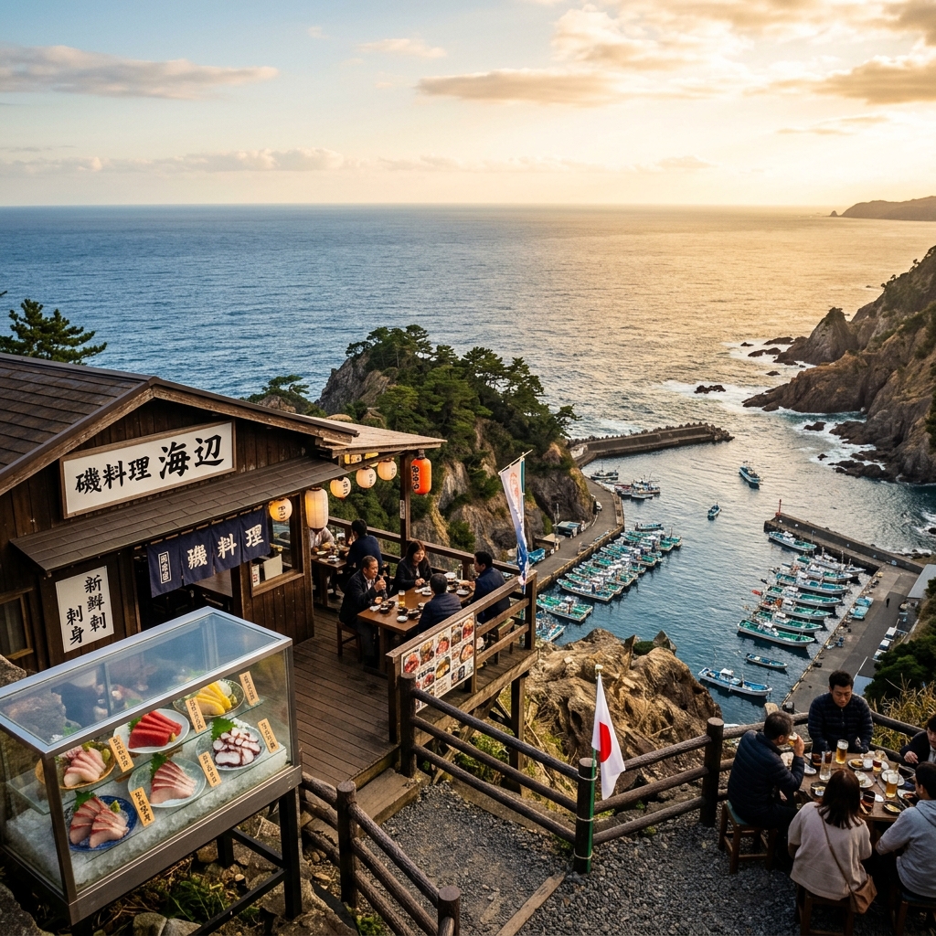 Cliff-top seafood restaurant overlooking Miyazaki coast with fishing boats