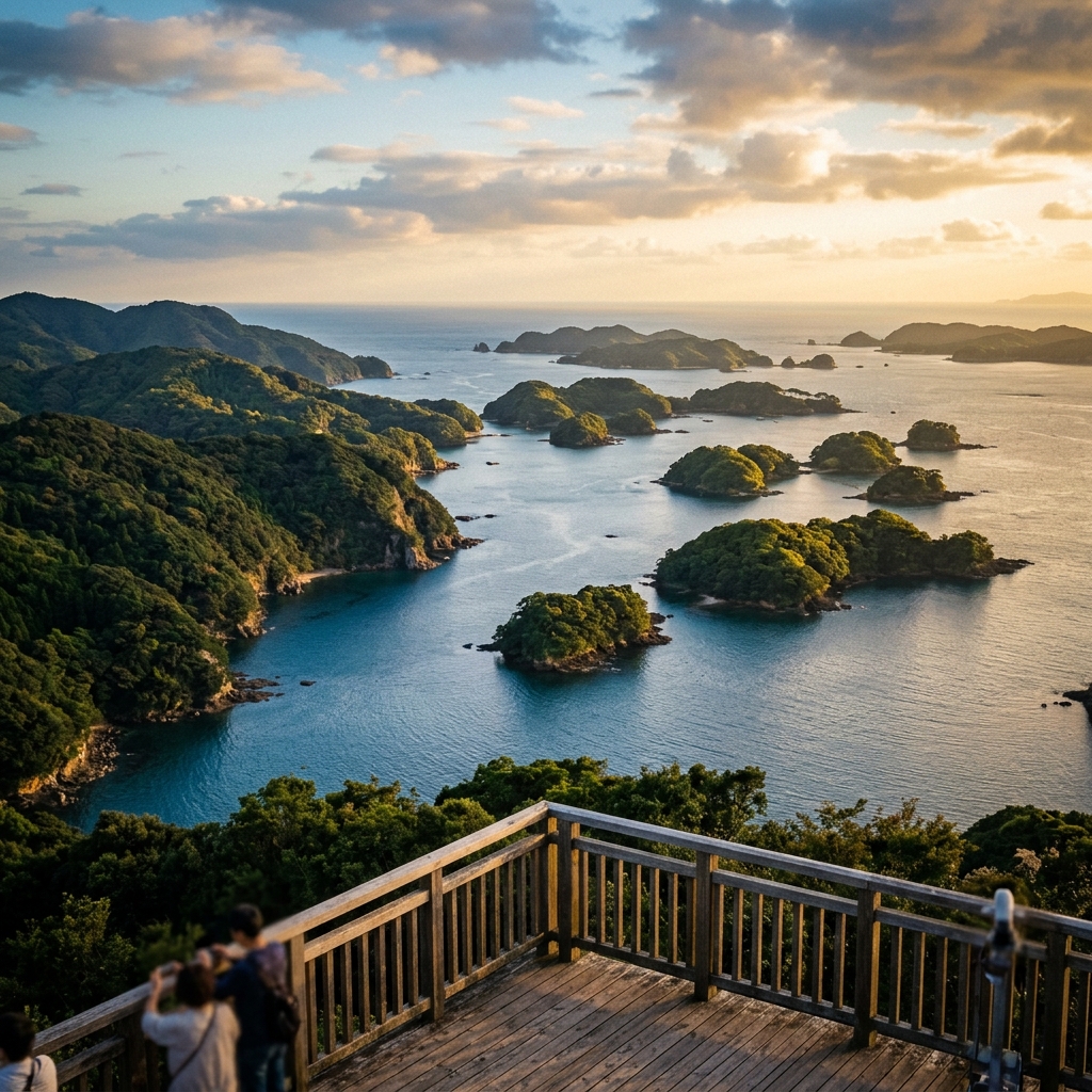 Kujuku Islands panoramic view from observation deck in Saikai, Nagasaki