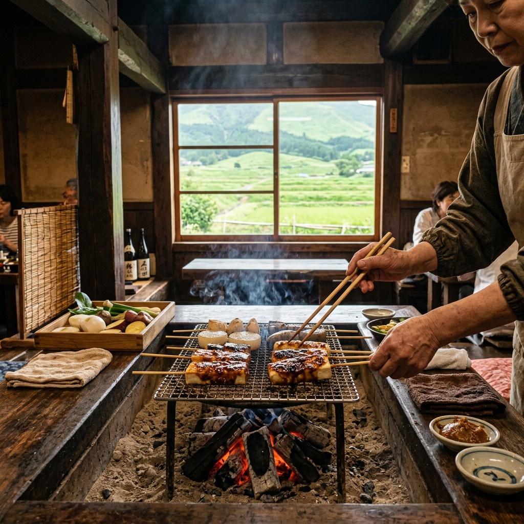 Traditional dengaku tofu being grilled over irori hearth with Aso view