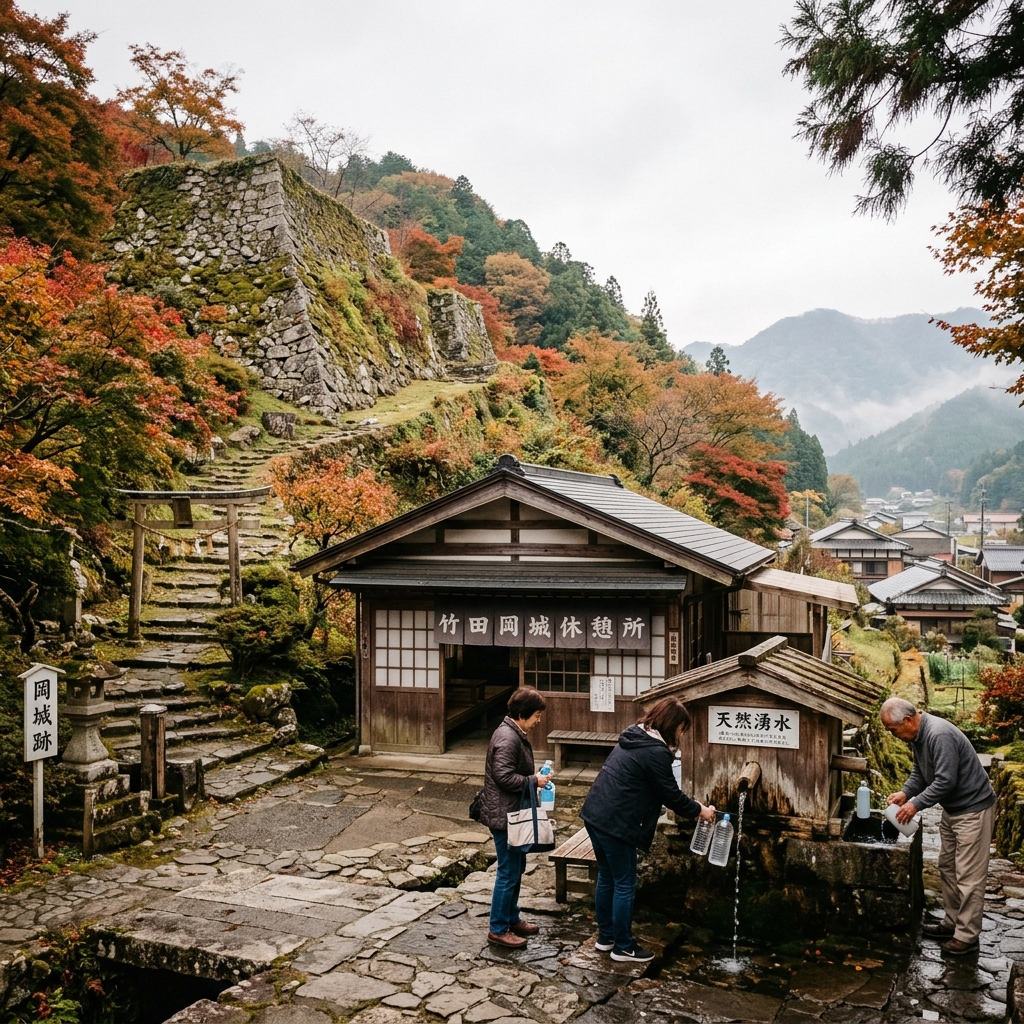 Taketa castle ruins and mineral water spring in autumn