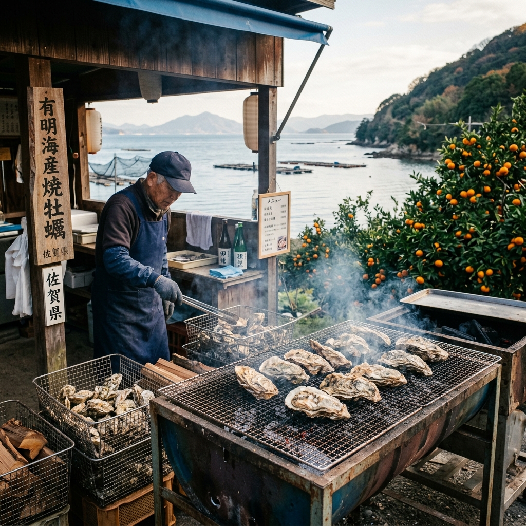 Grilled Ariake Sea oysters at a roadside stall in Saga with mandarin trees