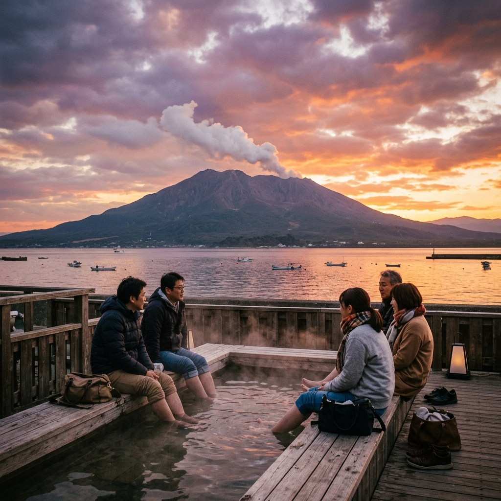 Sakurajima volcano at sunset with ashiyu foot bath in Tarumizu