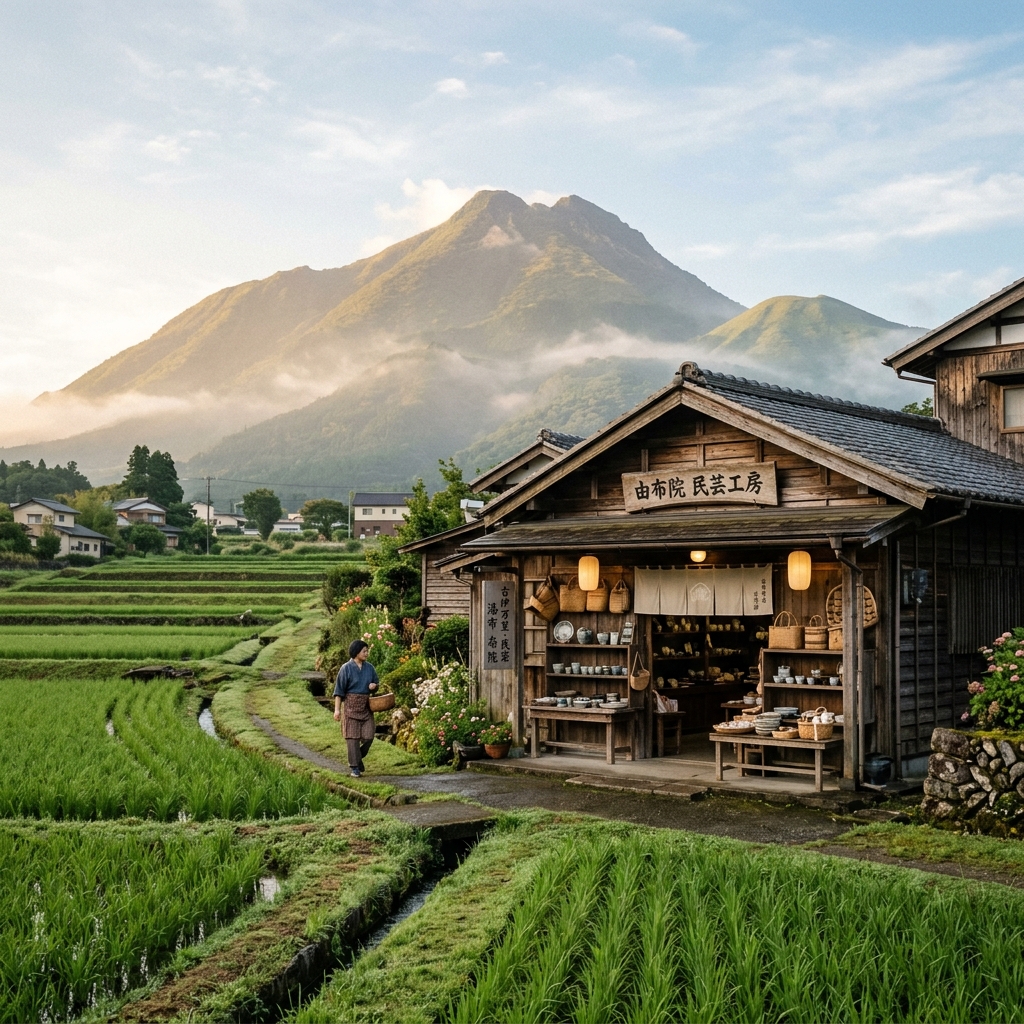 Yufuin craft shop with Mount Yufu and rice paddies in the background