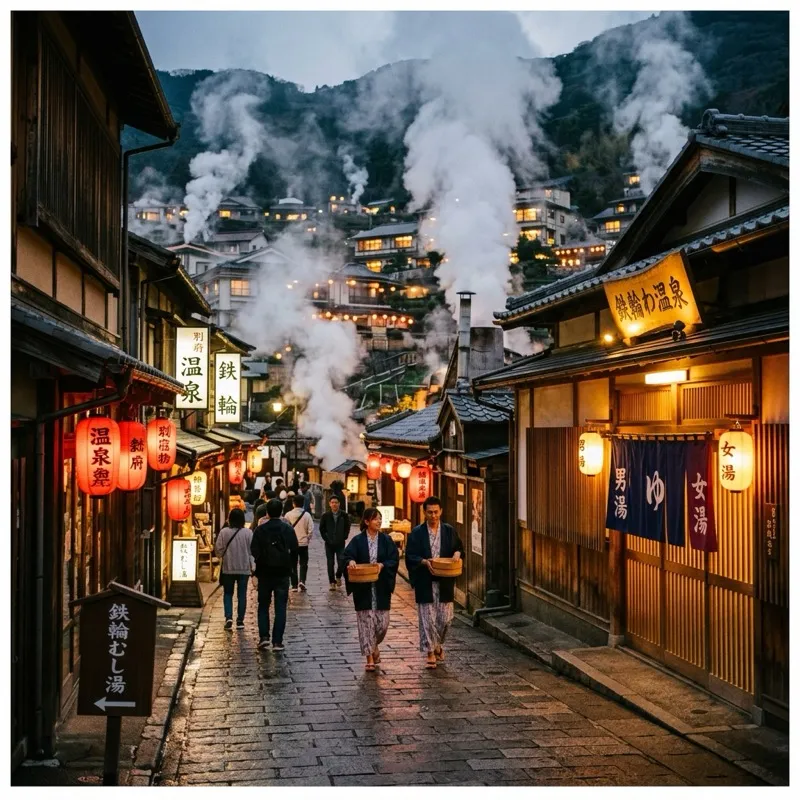 Beppu hot spring town with steam rising