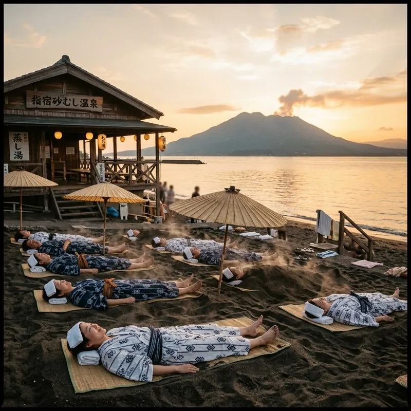 Ibusuki sand bath with Sakurajima volcano