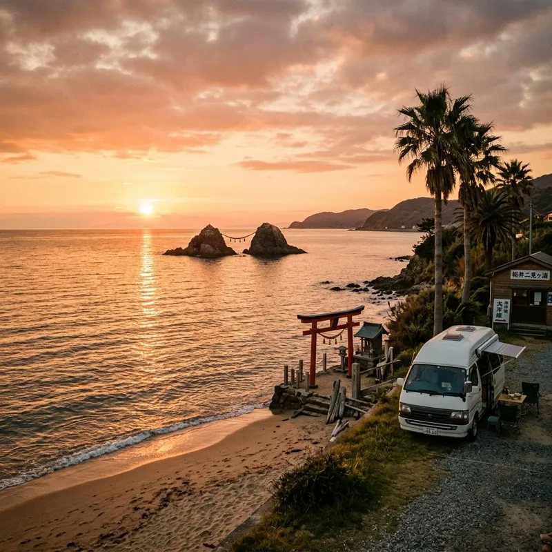Itoshima beach sunset with torii gate