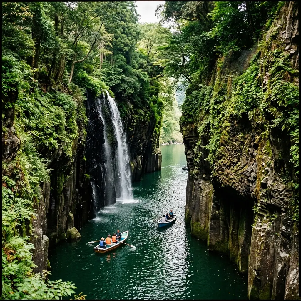 Takachiho Gorge with emerald water and boats