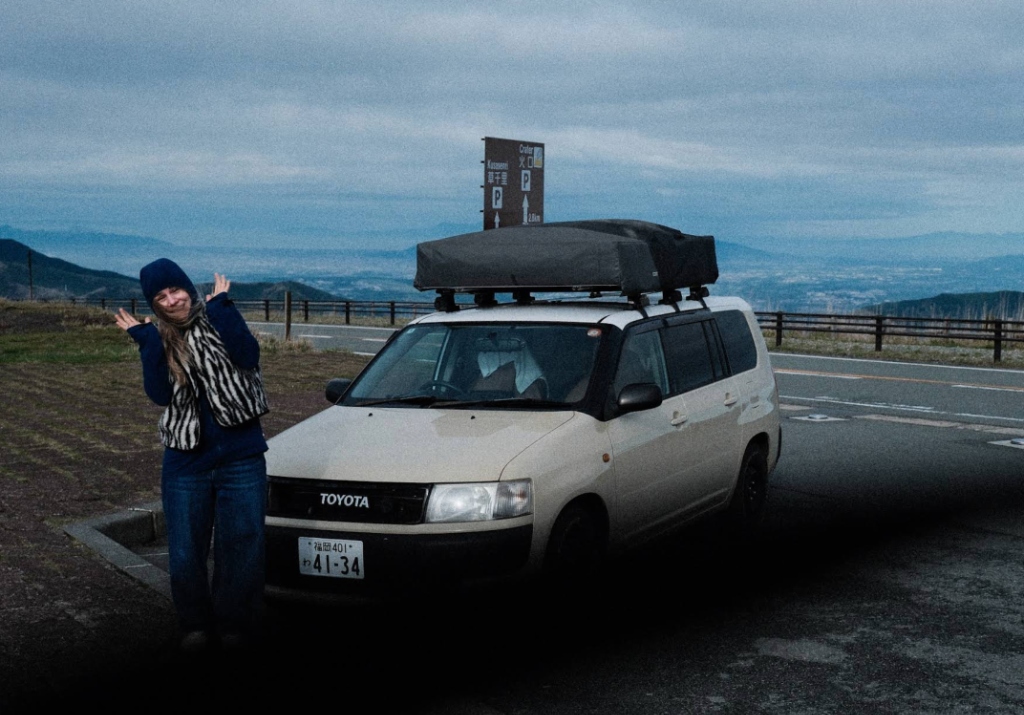 Toyota Probox with roof tent at Aso viewpoint, Kyushu
